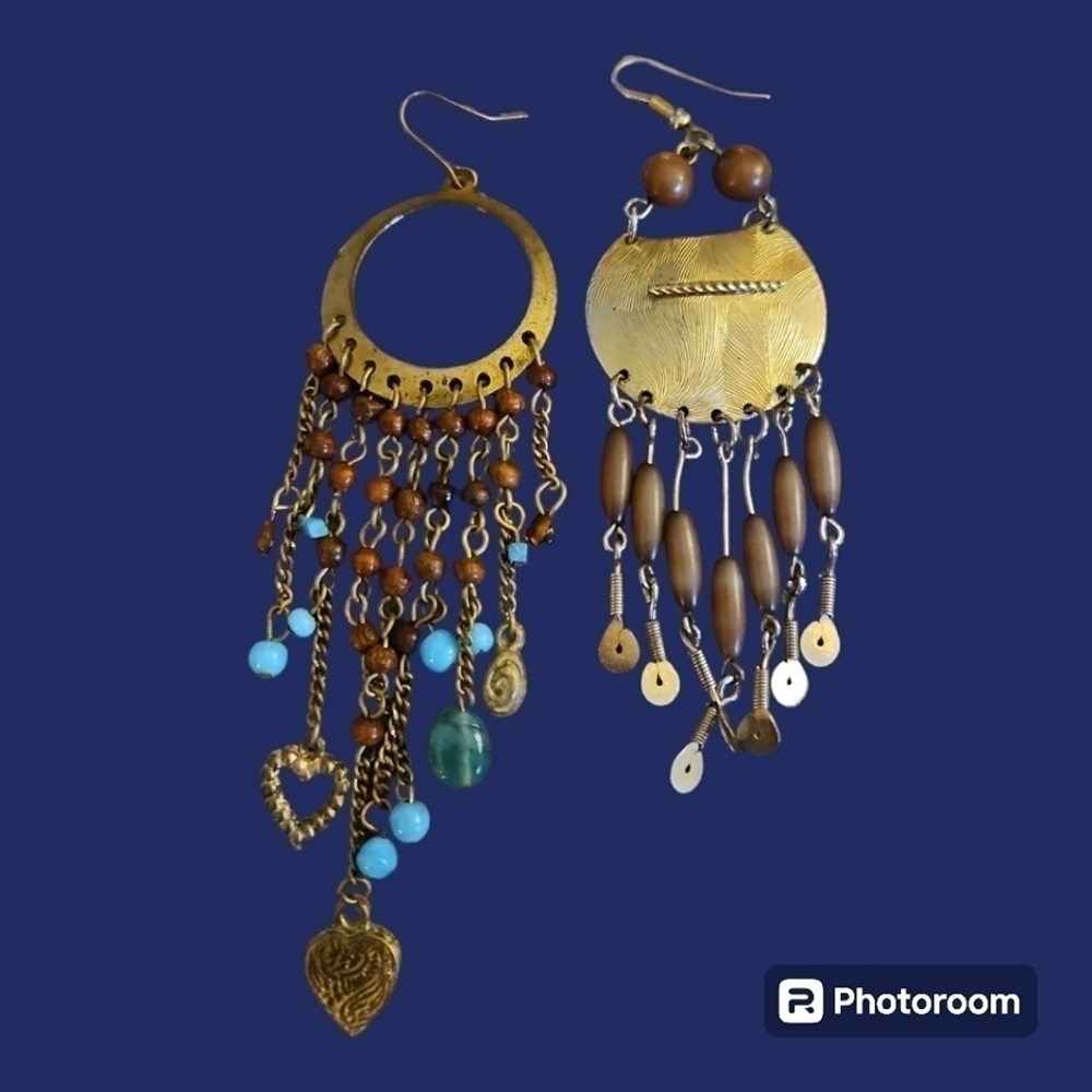 Vintage Mismatched Brass Wood Beaded Chandalier Festival Earrings